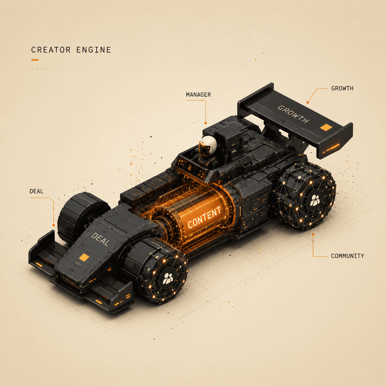 Isometric render of the ai0 Creator Engine, a futuristic race car whose parts are labeled with the five AI agents: Deal, Content, Manager, Growth, and Community