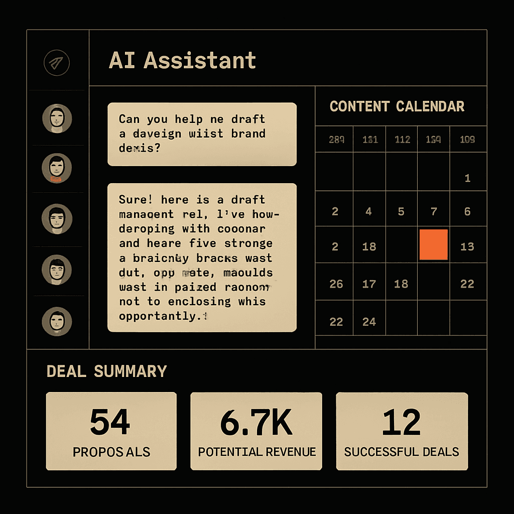ai0 workspace dashboard showing the agent sidebar, brand deal chat, content calendar, and deal summary